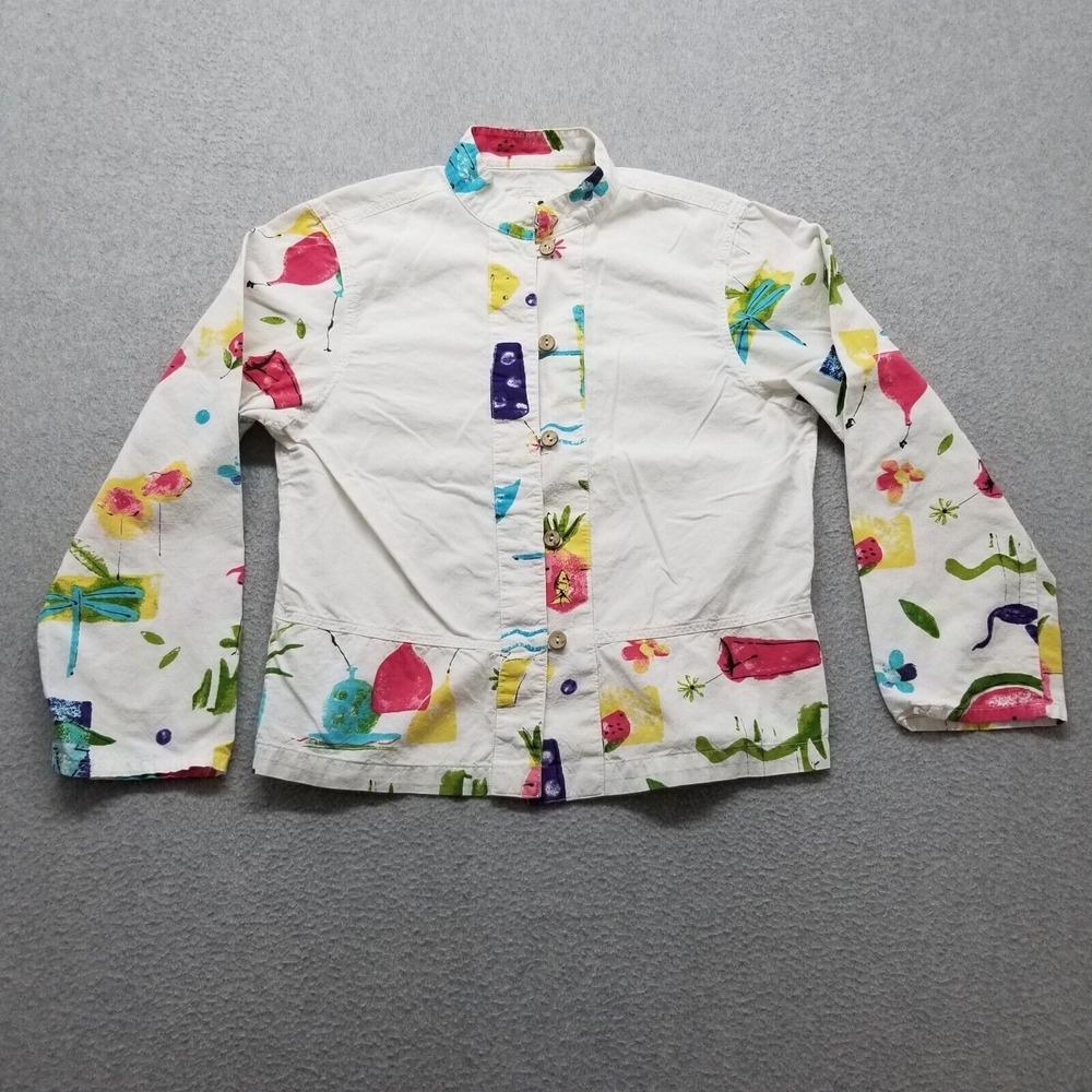 Produce Company Shirt Womens Small White Art Long‎ Sleeve Button Up